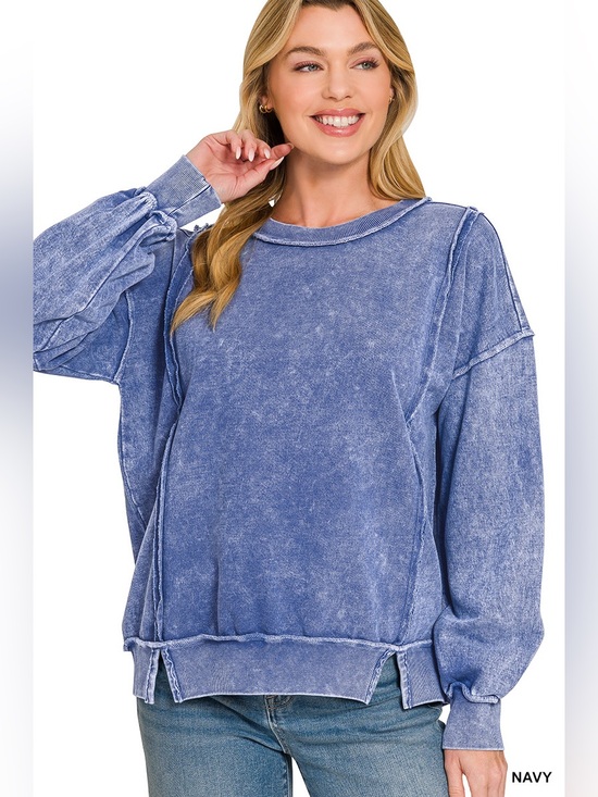Zenana Outfitters Tops - Zenana Navy Halo Snow Washed French Terry Exposed Seam Sweatshirt